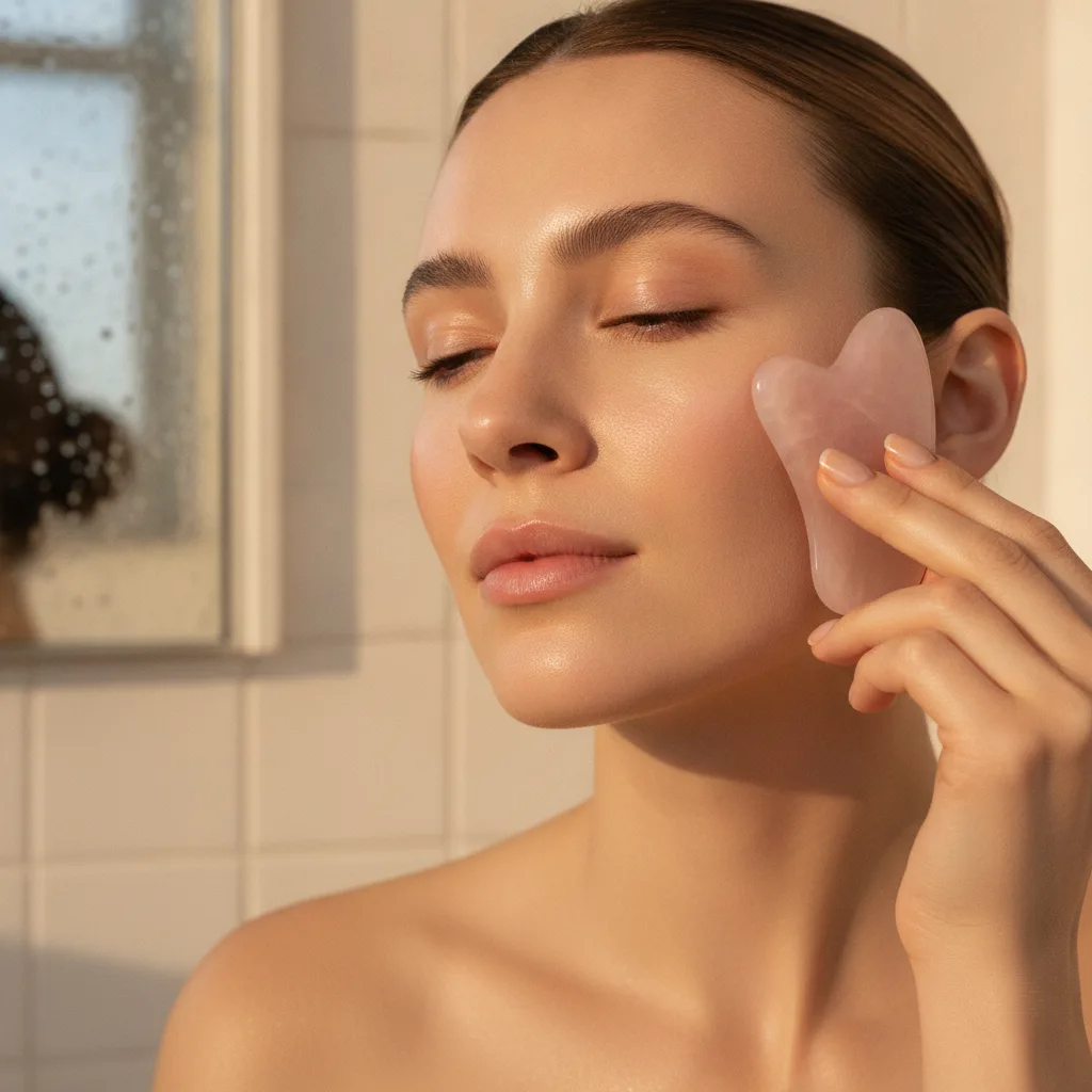 Woman performing gua sha facial ritual
